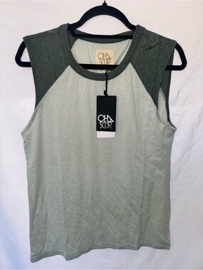 Chaser Two-Tone Sleeveless Raglan Top in Light Sage and Dark Olive